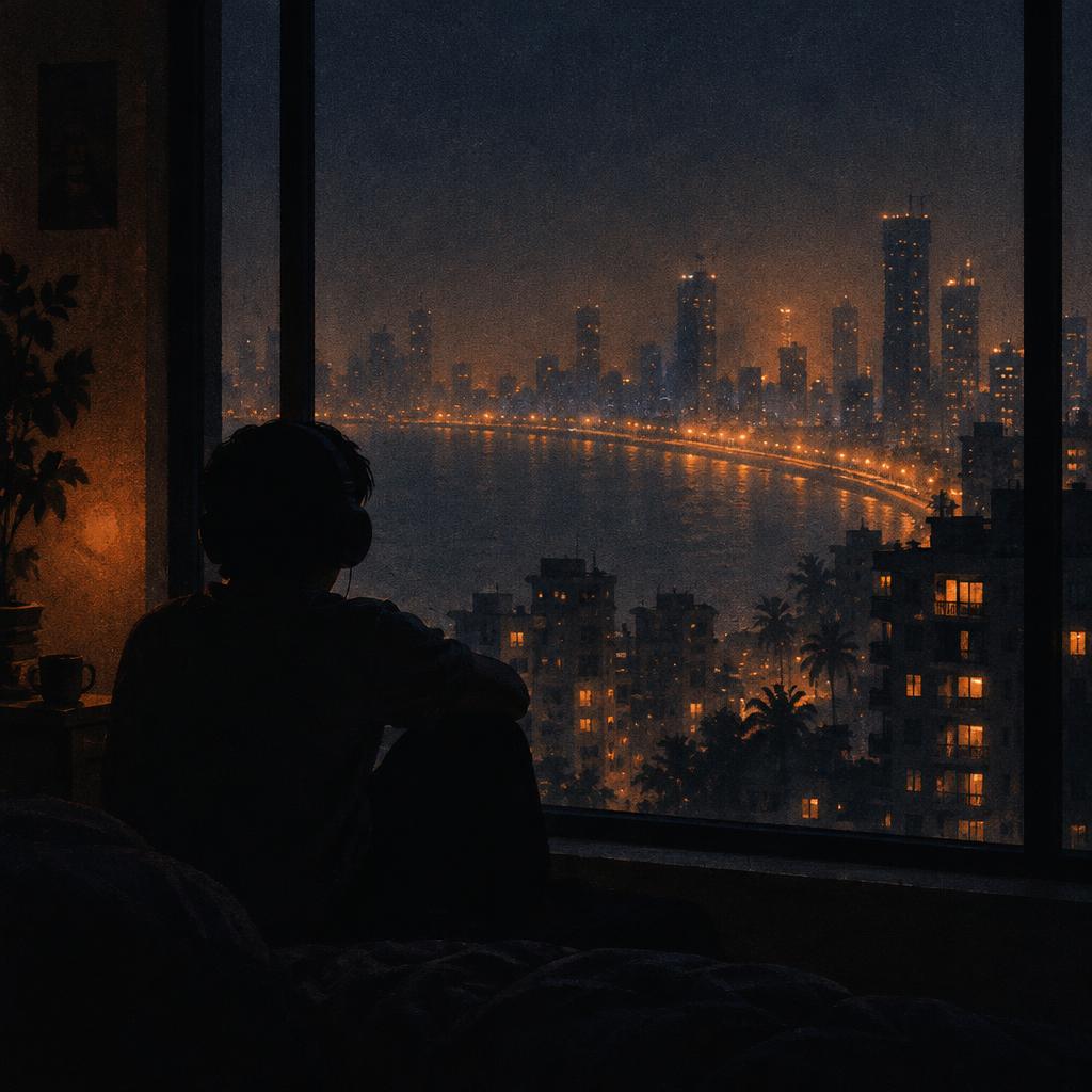 Lofi Boy wearing headphones and looking through a rain-lit Mumbai window at night
