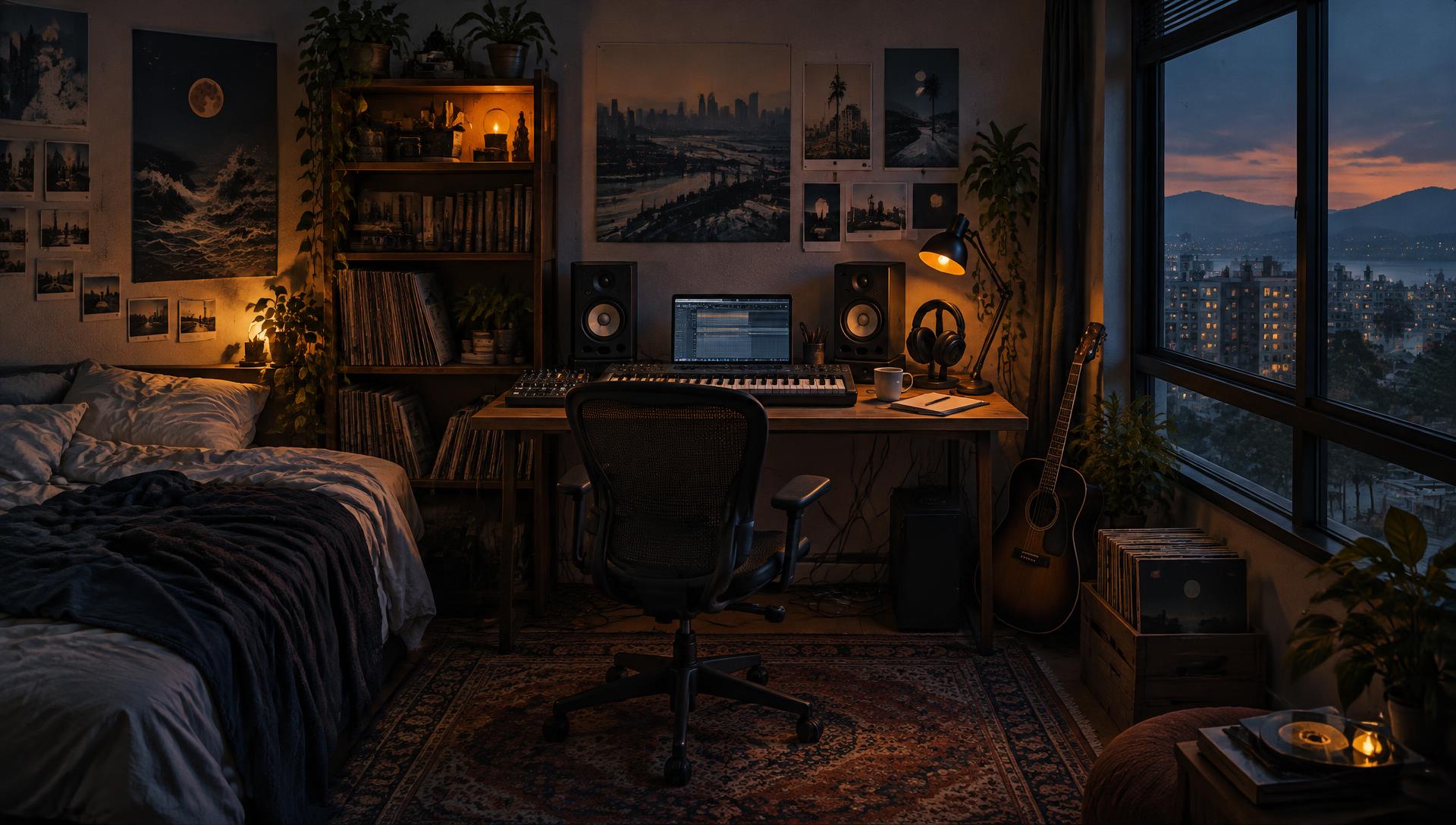 The bedroom studio in Panvel where Joints N' Oranges makes music, with a guitar, keyboard, records and the city outside