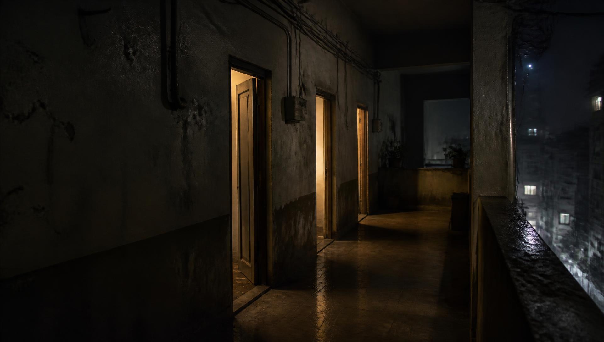 A dim apartment corridor at night with warm light spilling from three doorways