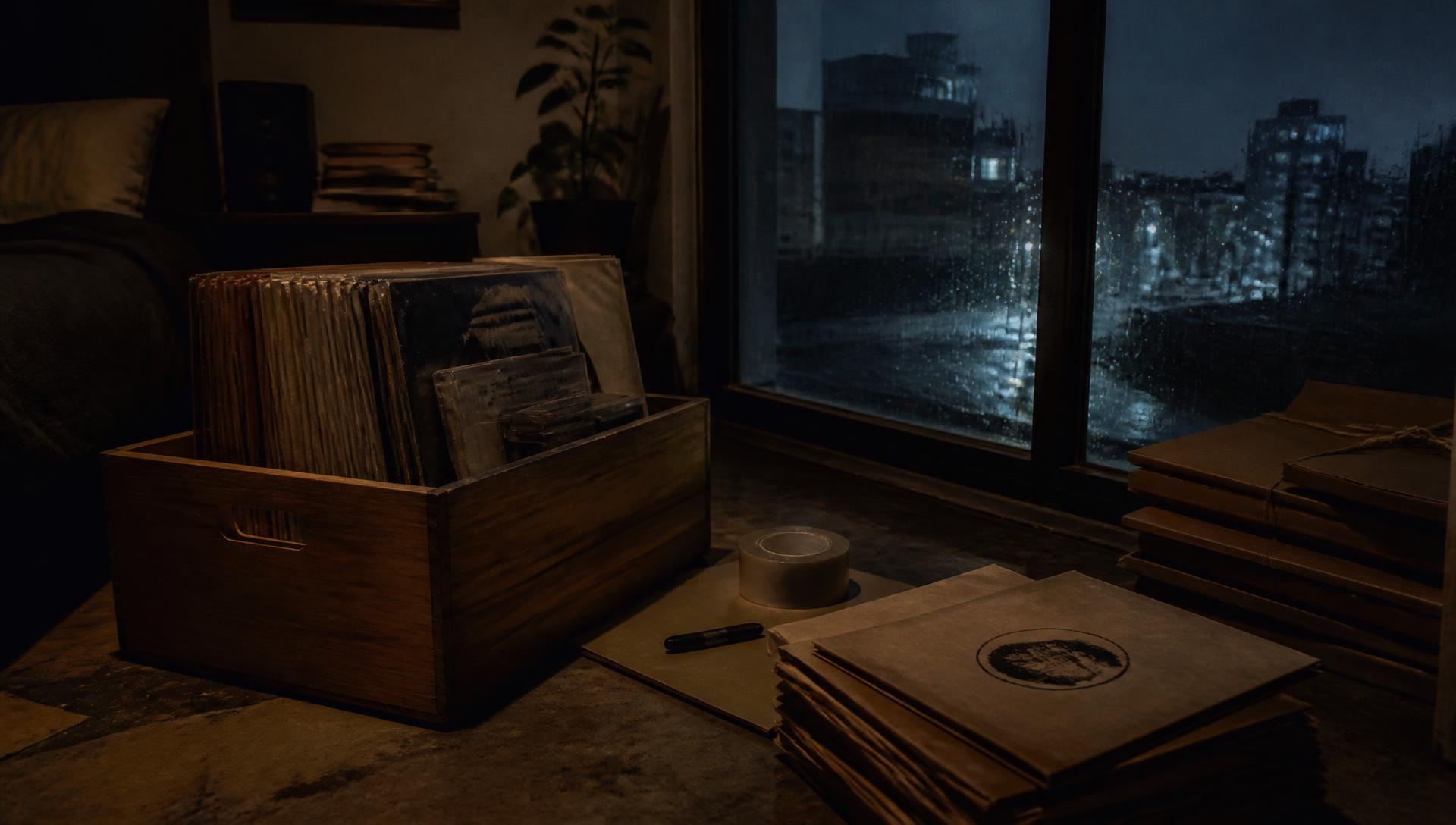 A wooden crate of records and hand-packed sleeves beside a rain-streaked window at night