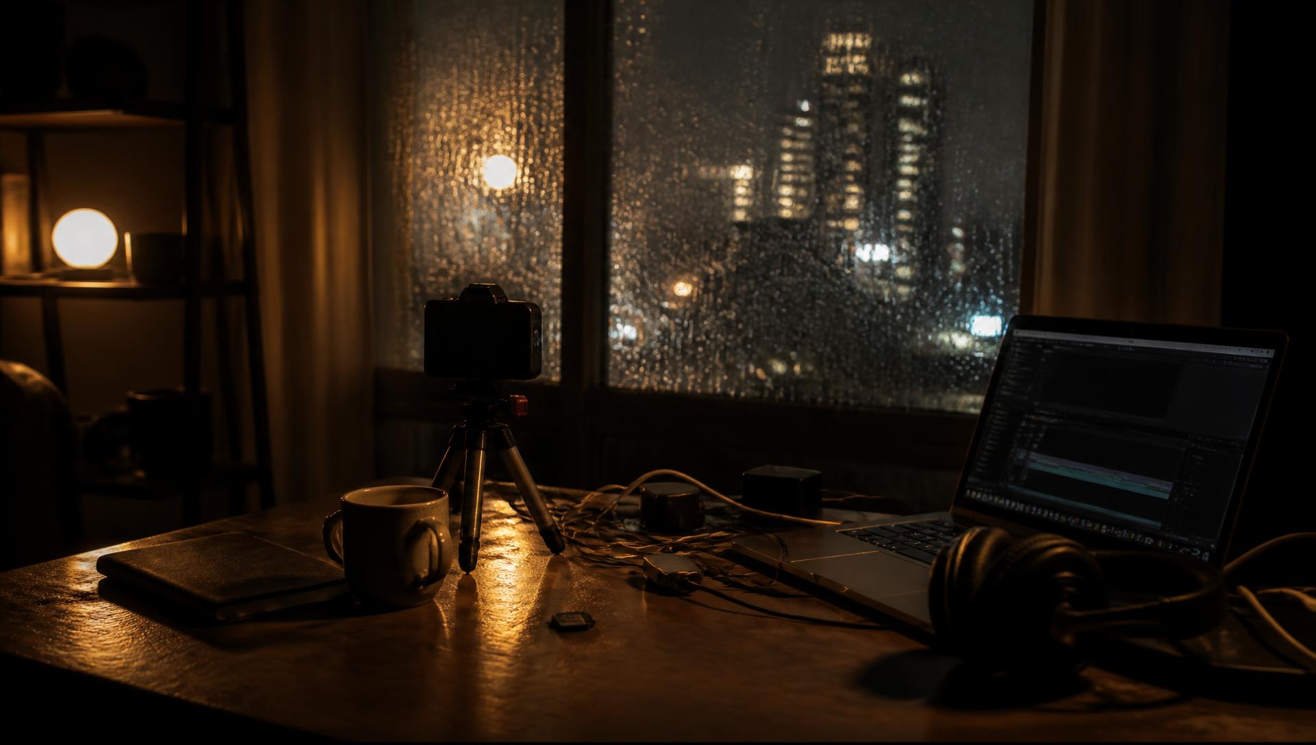 A night desk with a camera on a tripod, headphones, cables and an editing timeline glowing on a laptop